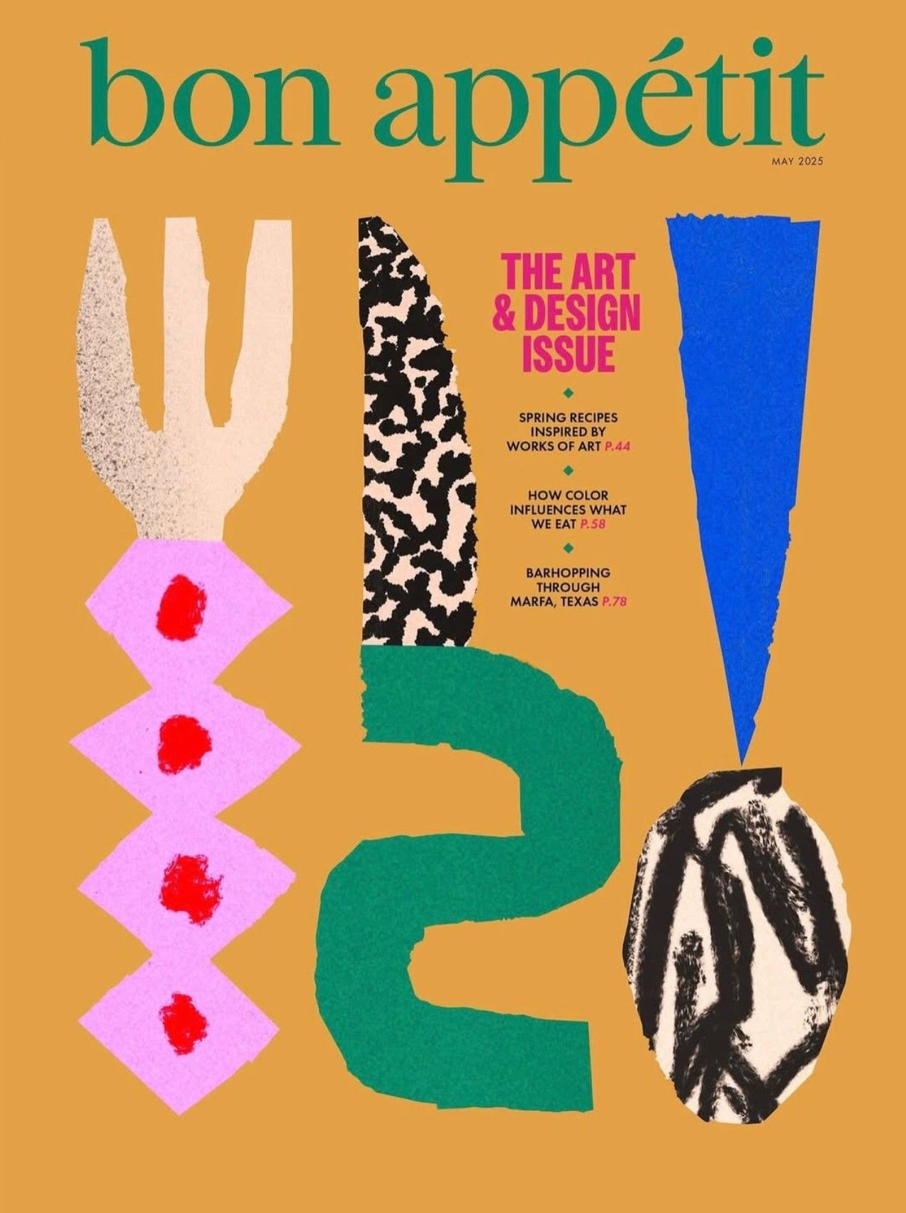 Magazine cover for Bon Appétit featuring bold, flat geometric and organic shapes in a paper-cutout collage style.