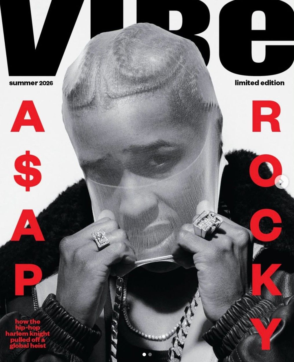 Magazine cover featuring a black and white portrait photograph of a figure wearing a sheer mesh cap, puffer jacket, and heavy jewelry.